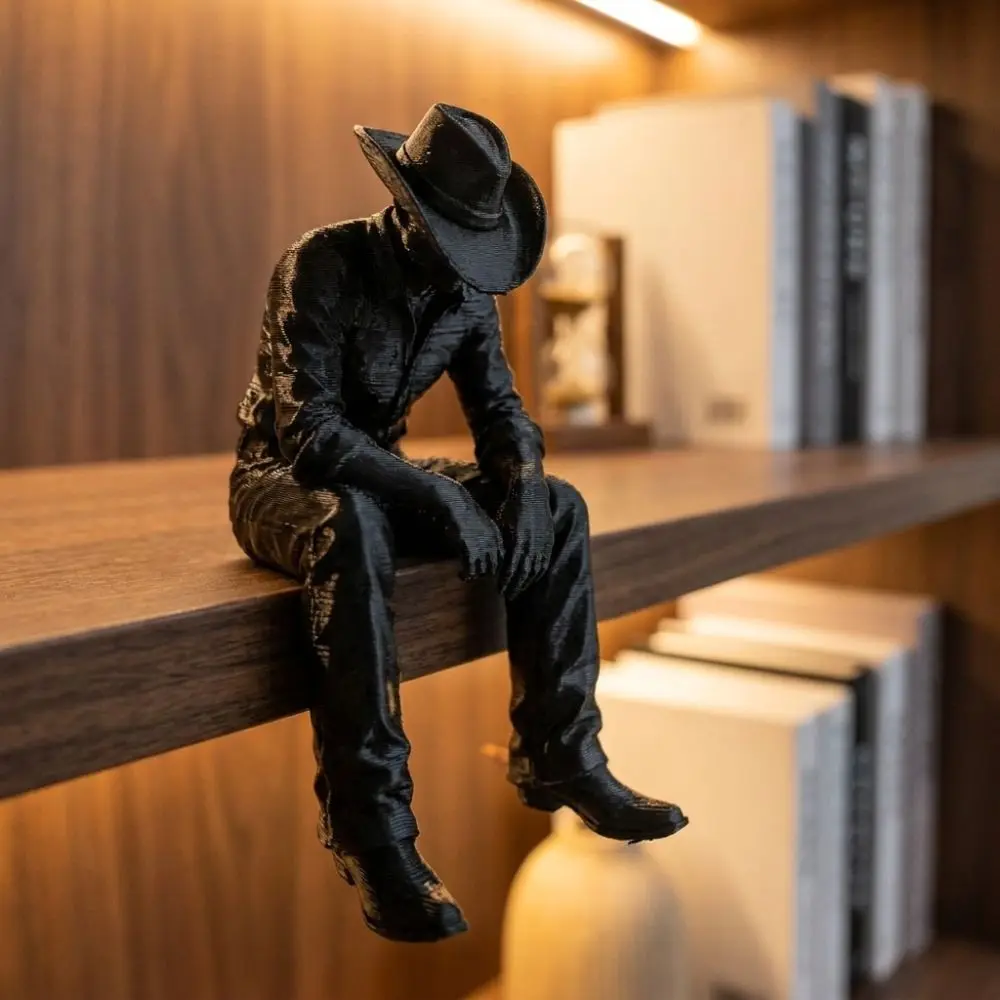 Western Style Sad Sitting Cowboy Sculpture Pensive 3D Printed Hanging Head Cowboy Statue Lonely Vintage Cowboy Figurine Ornament
