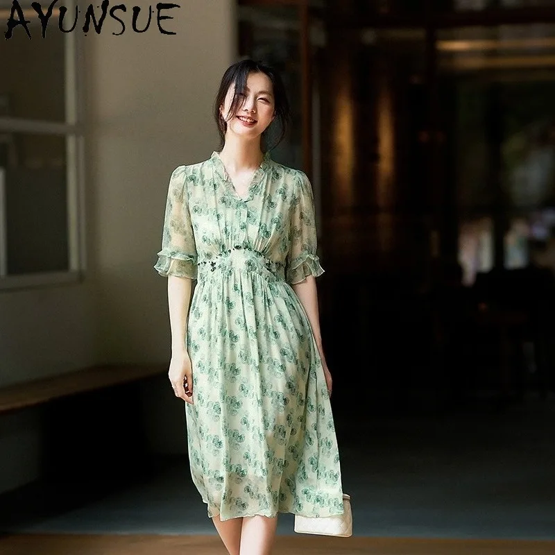 AYUNSUE 100% vestidos elegantes de seda Mulberry para mujer, vestidos verdes de verano con cuello en V, vestidos largos, ropa de mujer, Vêtement Femme