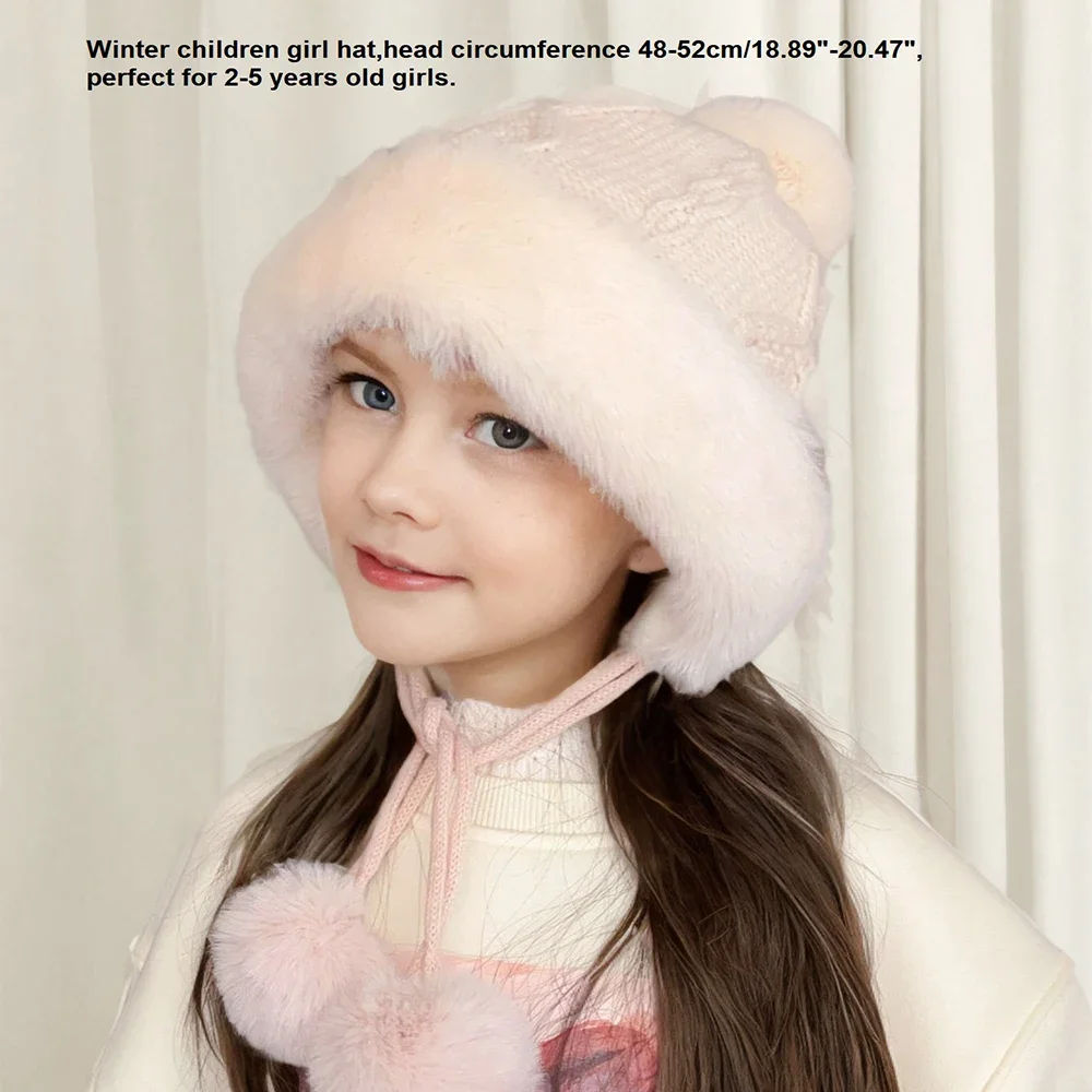 New Girls Knitted Pom Pom Ball Beanie Cap Outdoor Warm Fluffy Winter Hat for Girls Plush Baby Hat Toddler Ear Protection Cap