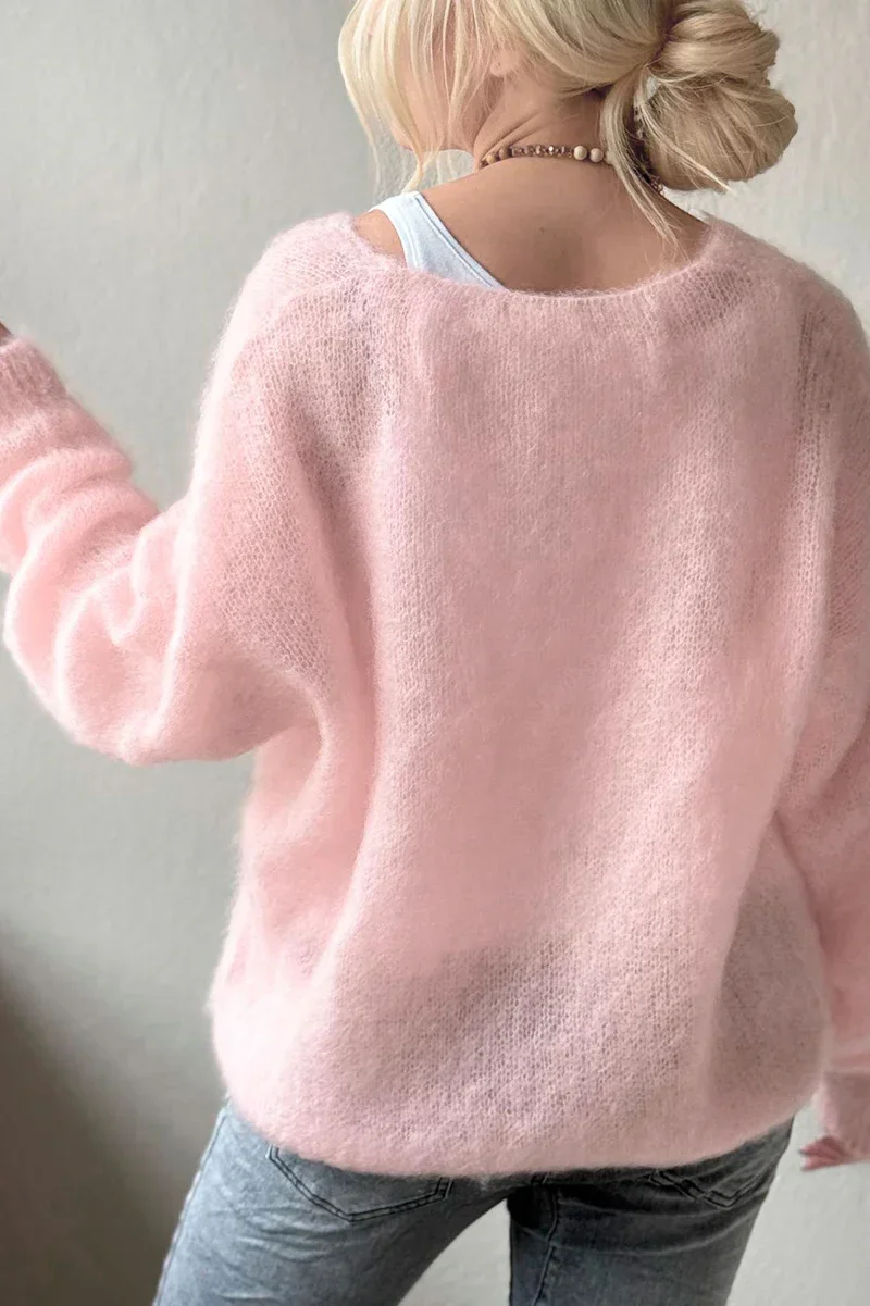 Zachte damestrui met V-hals, casual detail, lichtroze, losse pasvorm voor lente, herfst, lente