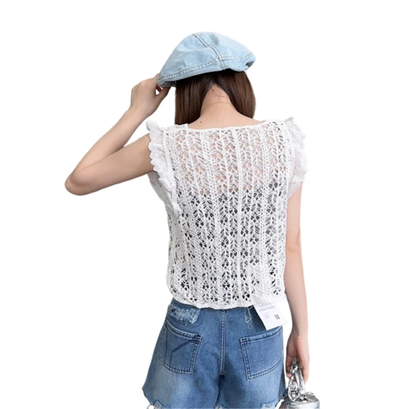 Women Hollowed Crochet Flower Sweater Vests Summer Ruffle Sleeve Loose Crop Top