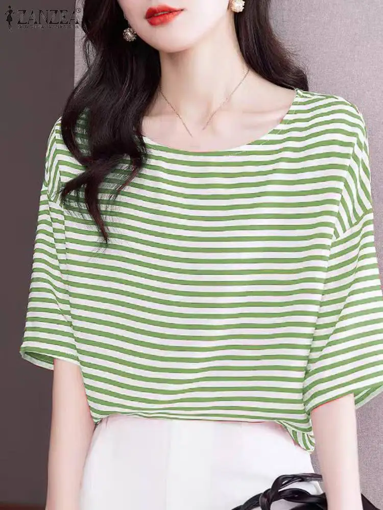 ZANZEA Casual Women Stripes Blouse 2024 Summer Korean Half Sleeve Tops Fashion Holiday Round Neck T-shirt Harajuku Office Blusas