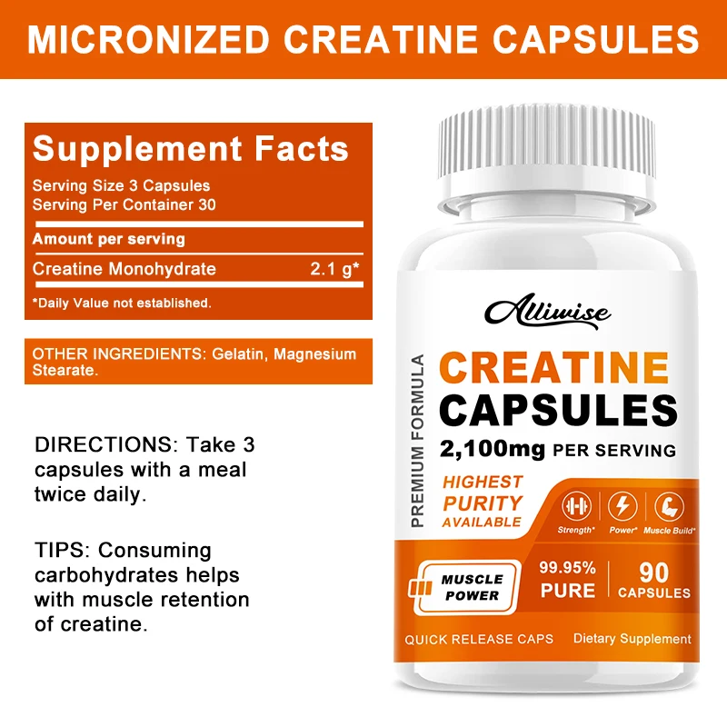 Alliwise Creatine Monohydrate Capsules for Gym Gain Strength Build Muscle Protein & Enhance Athletic Performance Cellular Energy