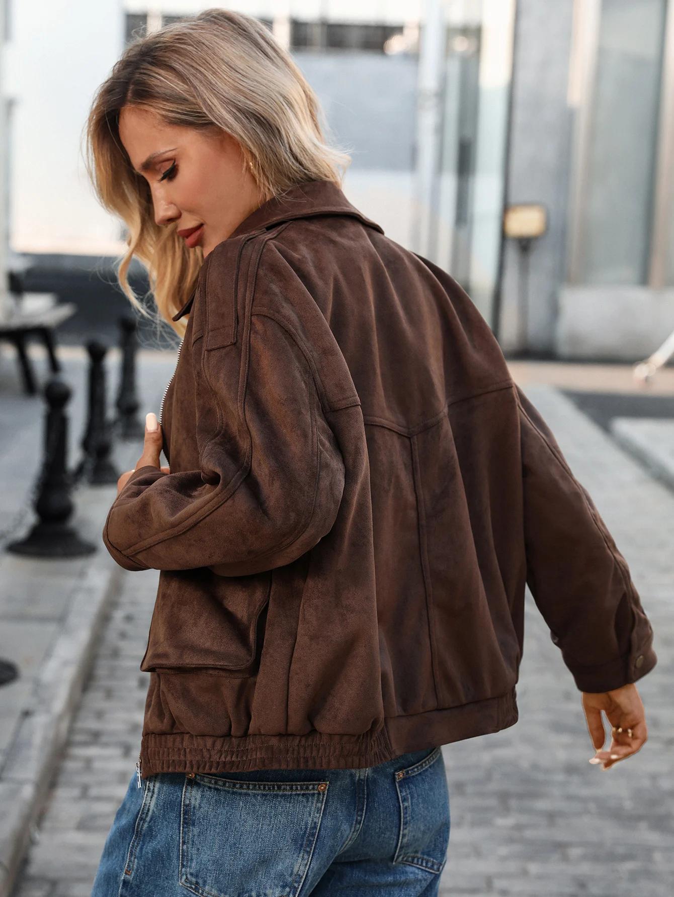 سترة نسائية قصيرة من جلد الغزال الصناعي معطف نباتي لراكبي الدراجات النارية ملابس خارجية عصرية للخريف #6