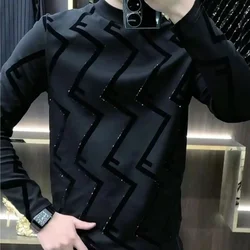 Men Korean Fashion Half High Collar Luxury Business Casual Basic T-shirt Autumn Winter Male Black Long Sleeve Slim Pullover Tops