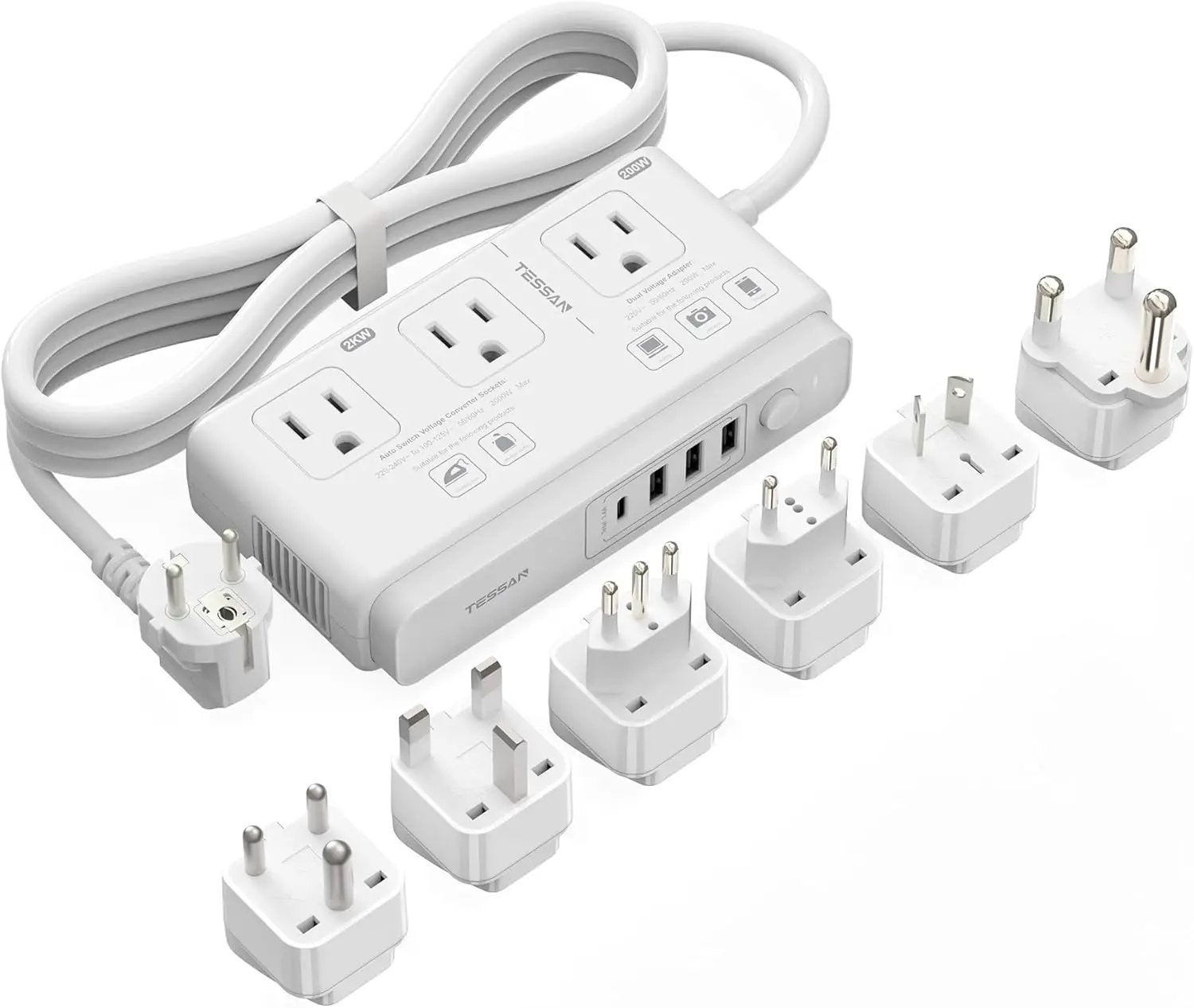 

220V to 110V Voltage Converter with 4 USB Ports (1 USB-C), 3 AC Outlets, EU/UK/AU/IT/ZA Travel Adapter, White