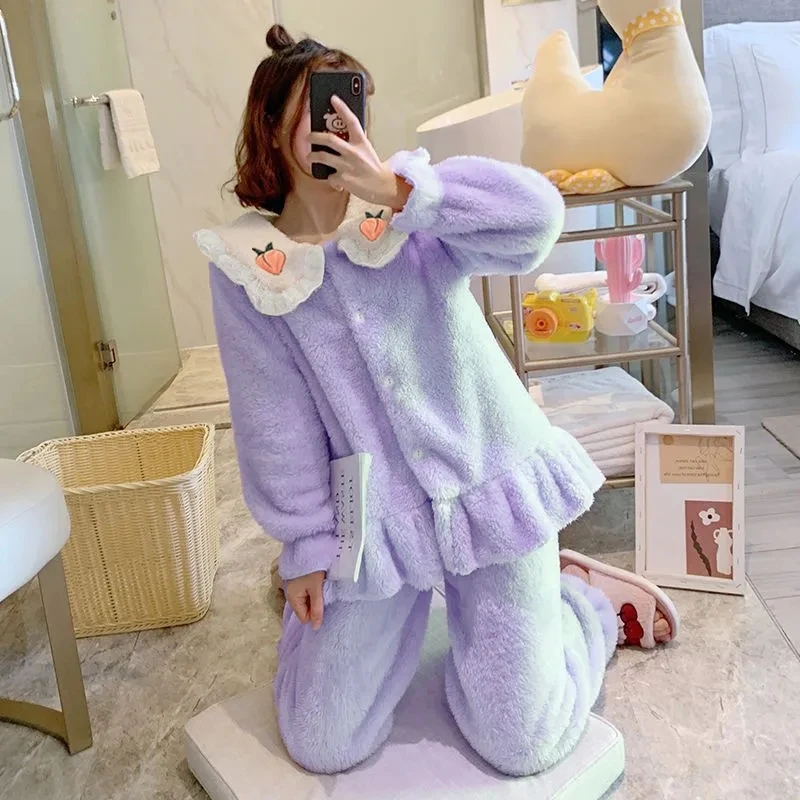 

2023 Autumn Winter Pajamas Women's Coral Plush Set Cute Student Princess Style Sweet Two Piece Home Clothing Warm Female Pajamas