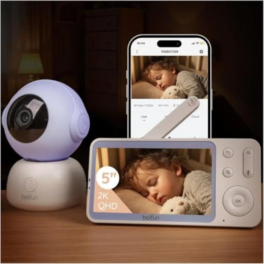 

Видеоняня BOIFUN Wi-Fi с камерой и аудио, совместимая с приложением для смартфона, 2K HD, ночное видение, 5-дюймовый дисплей, автоматическое отслеживание движения