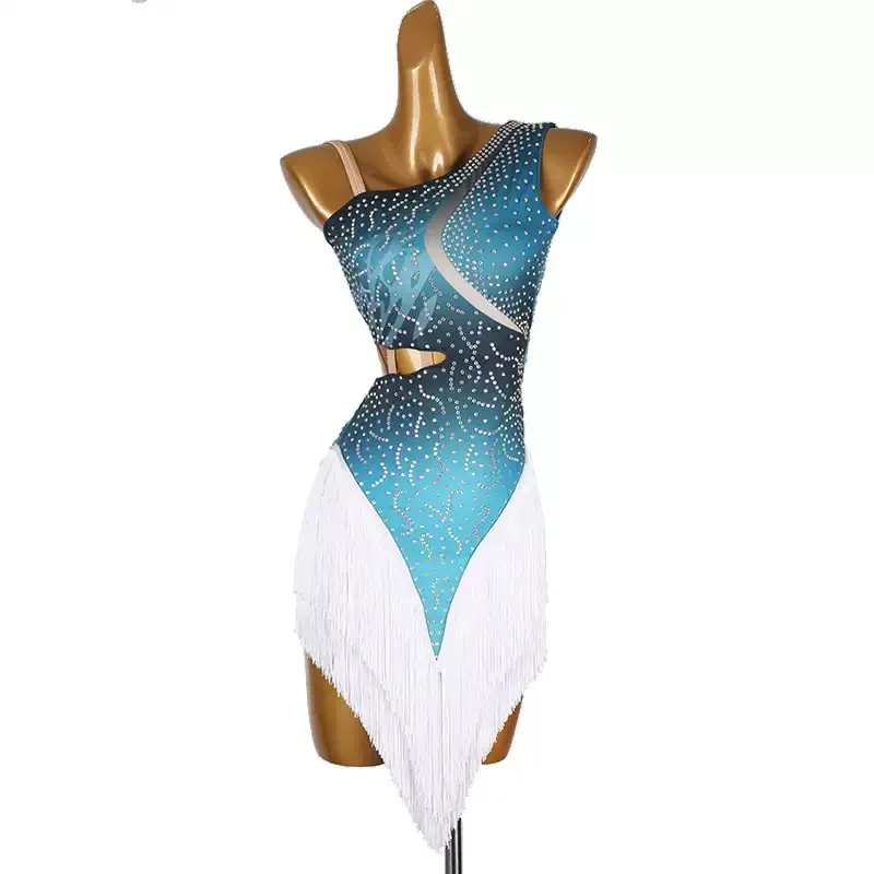 New Lady Latin Dance Costume Rhinestone Women's High-end Custom Gradient Tassel Suspender Samba Performance Dress