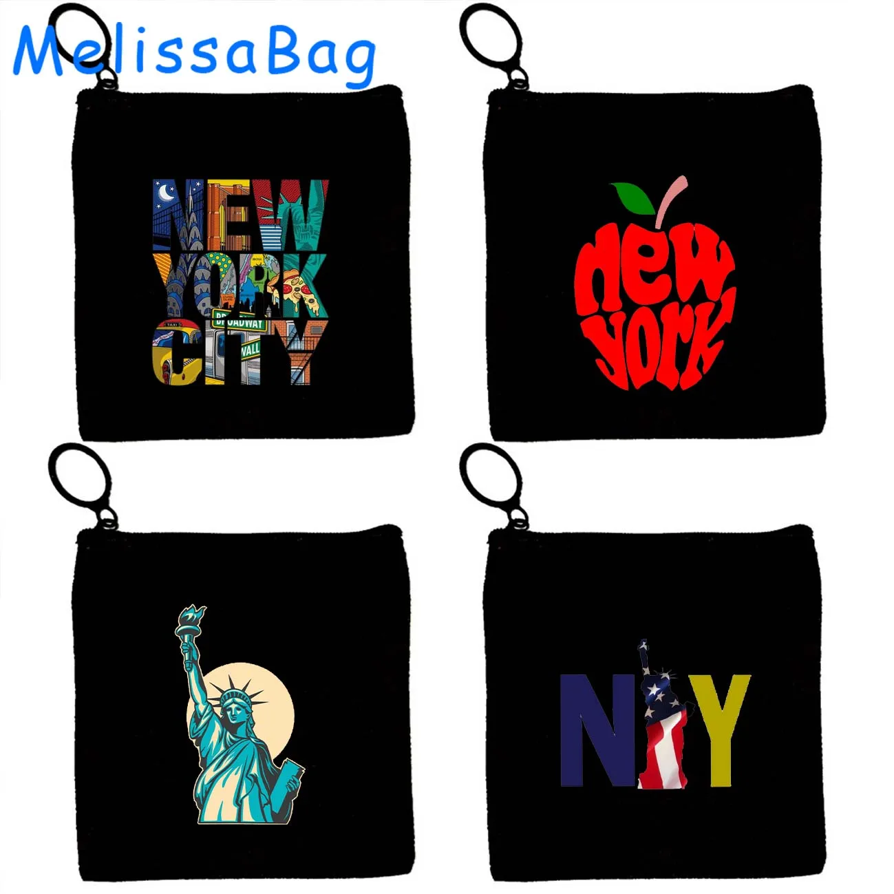 New York City Statue Of Liberty Big Apple American the 4th of July Gift Canvas Coin Purse Key Case Small Bag Wallet Zipper Pouch