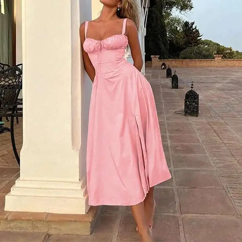 Abito sexy con stampa floreale, scollo quadrato, vita alta, diviso, senza maniche, con lacci, da donna, Boho, per le vacanze estive al mare