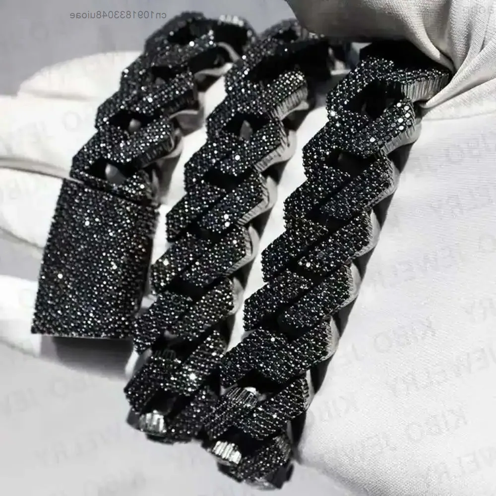 

Hot-sale 18mm 20mm Black Plated 2 Rows High Quality Sterling Silver Ice Out Black Cuban Link Chain Moissanite