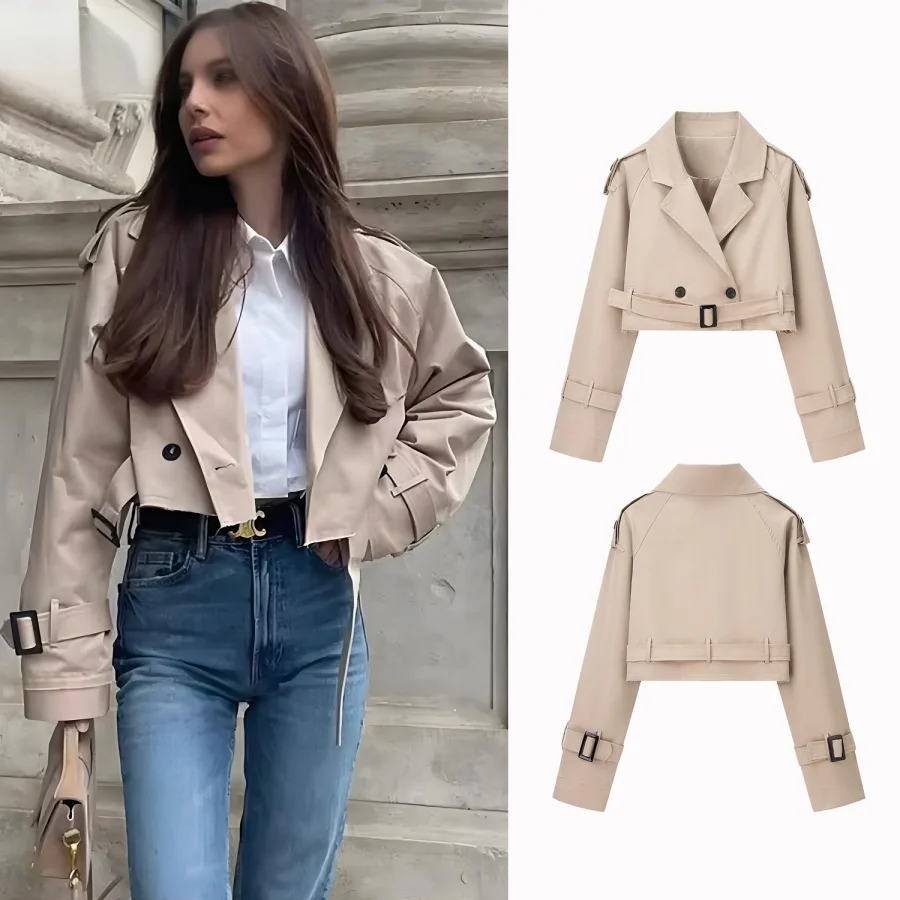 

Осенние женские короткие плащи, женские модные повседневные пальто с карманами и лацканами, женская элегантная укороченная куртка на пуговицах с длинными рукавами