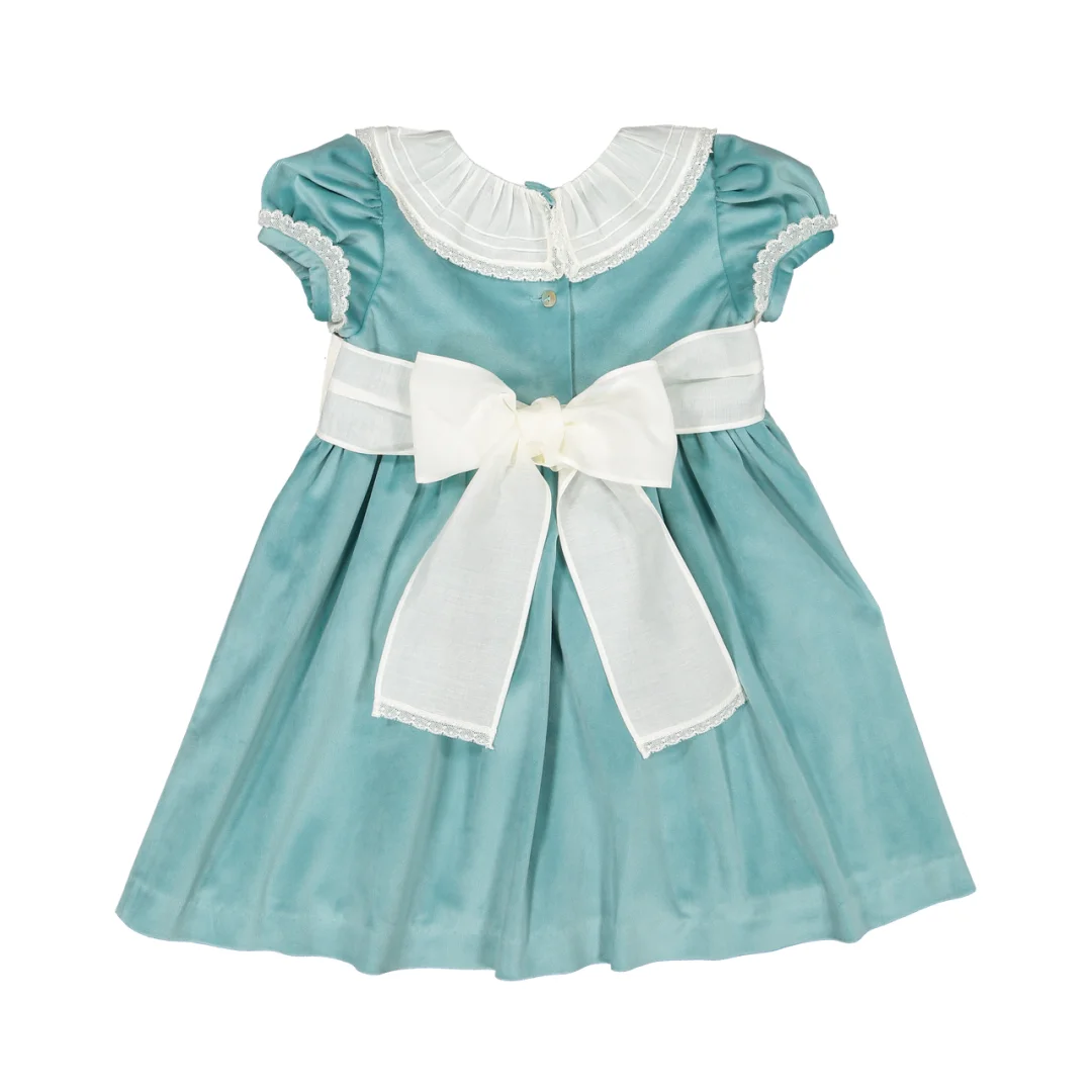 Spanish Velvet Luxury Brand Kids Girls Short Sleeves Dress White Lace Baby Girl Boutique Dresses For Holiday Party Pageant 1-7Y