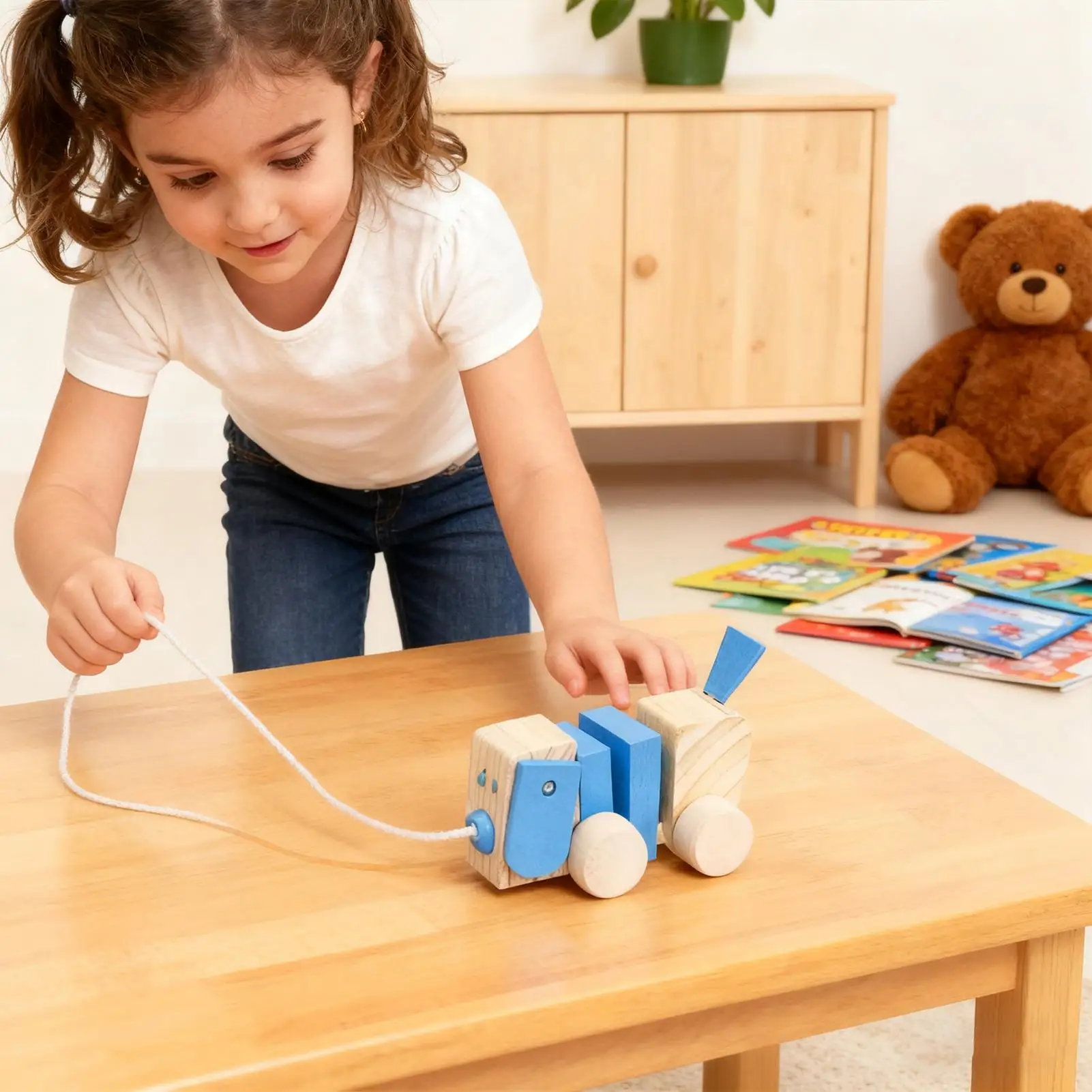 木製プルアロングトイ、教育的インタラクティブなロープ牽引、這う子犬の歩行玩具、男の子、女の子、子供向けのプルアロングドッグ