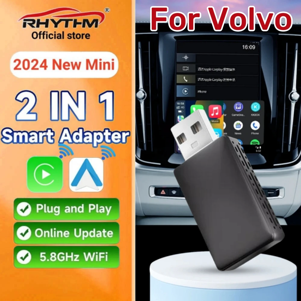 2024 NEW Mini 2in1 Ai Box Rhythm Wireless Carplay Adapter Android Auto Wireless For Volvo XC40 XC60 XC90 S60 S90 V40 V60 V90