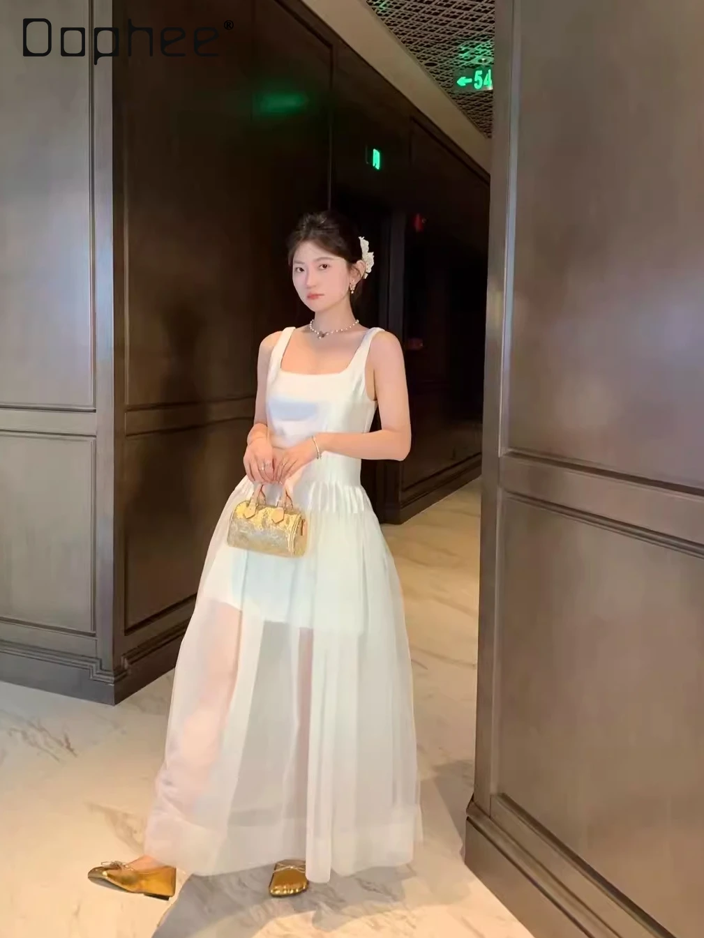 

French Temperament Goddess Atmosphere Fairy Style White Dress High-end Satin Mesh Sleeveless Slim Dress Women Evening Dresses