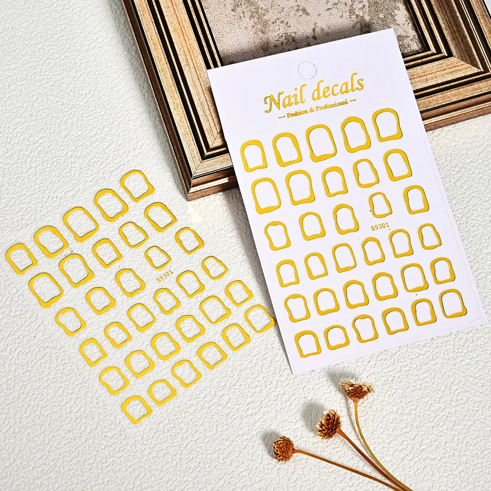 2pcs 3D Bronzing Gold Geometric Frames Nail Stickers Irregular Metallic Hollow Frame Nails Decals Square Geometric Nail Supplies