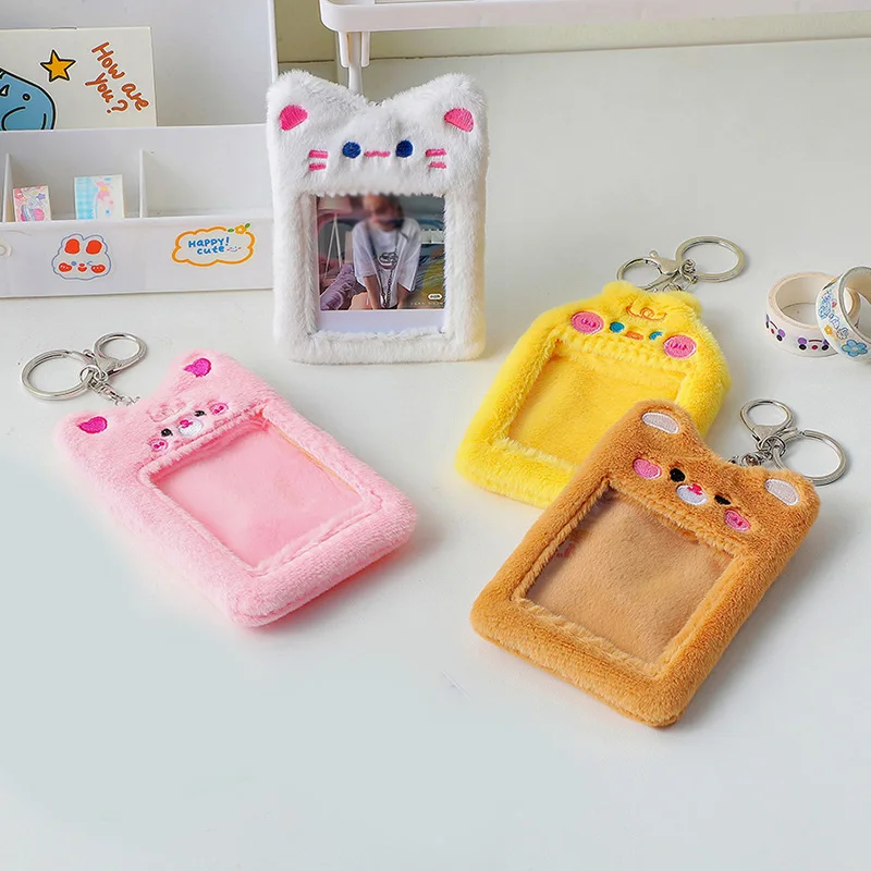 INS Plush Photocard Holder Cute Rabbit/Bear/Cat Korean Idol Photo Card Holder Girl Keychain ID Credit Bank Protector Stationery