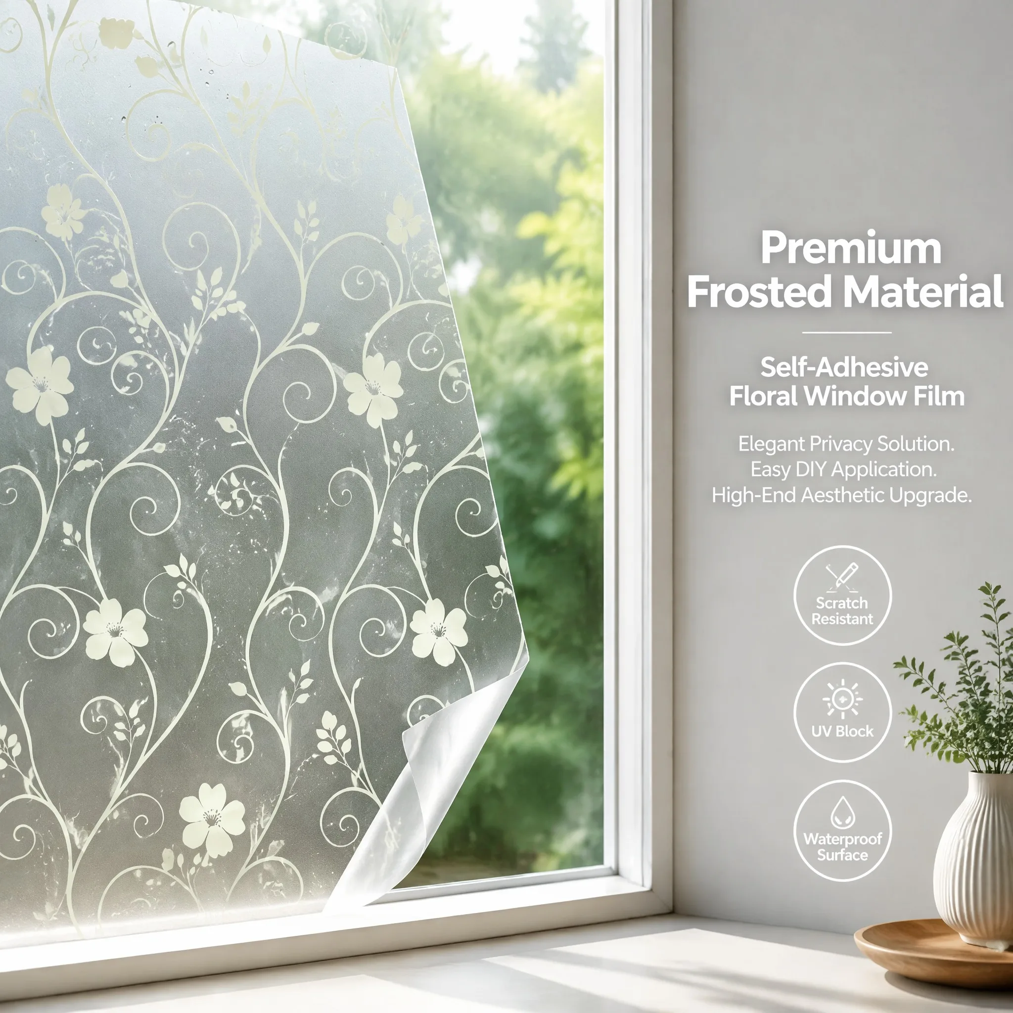 Floral Privacy Glass Sticker Self-Adhesive Curly Vine Flower Frosted Window Film Waterproof UV Block Removable No Residue for Ho