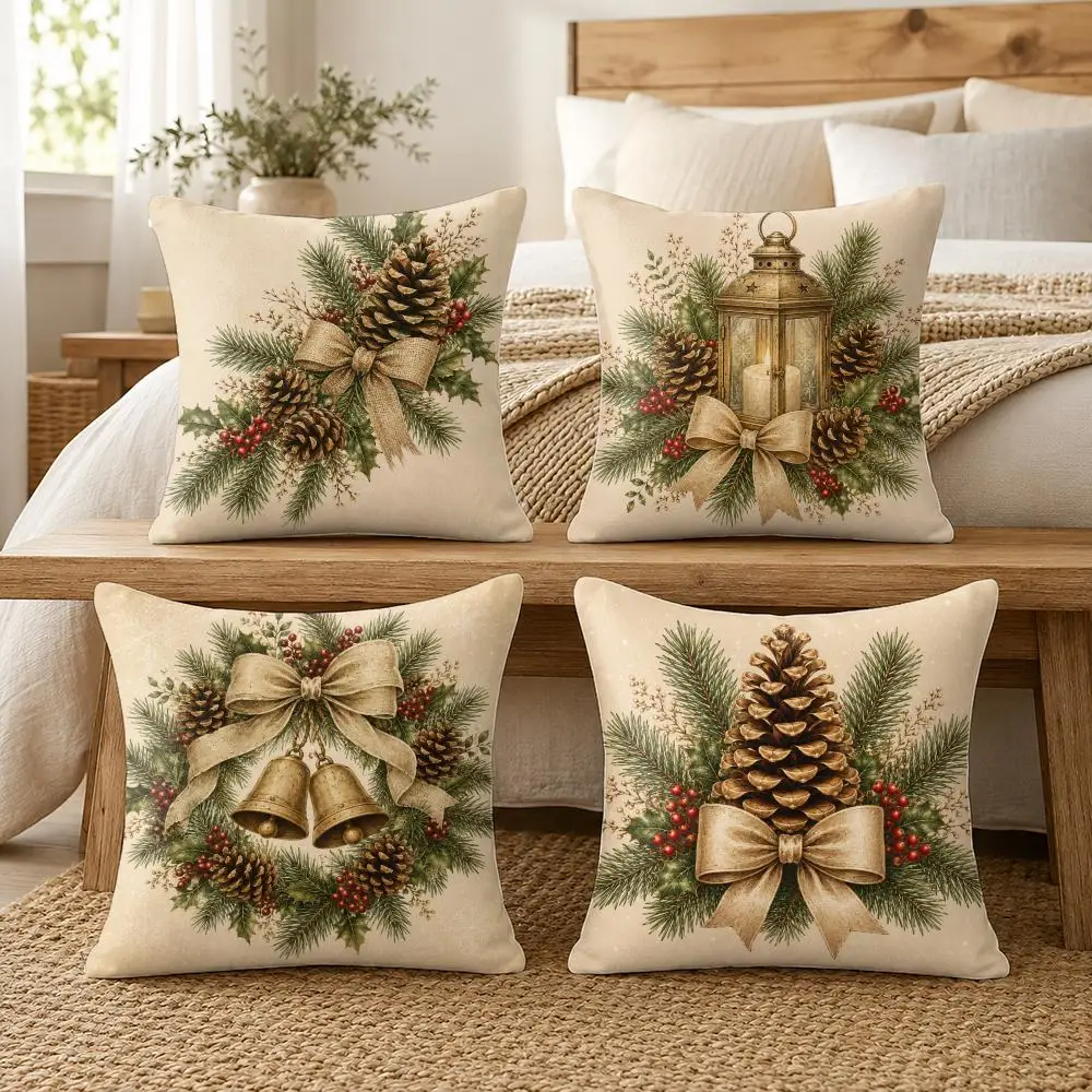 Rustic Christmas Garland Wreath Cushion Cover Soft Short Plush Pillow Cover Smooth Cozy Texture Cushion Case Home Decor