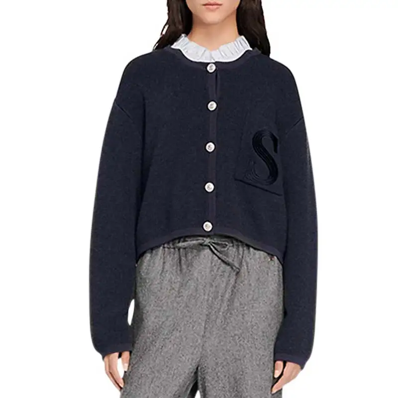 Button Embellished Fine Knit Cardigan women ruffled neck long sleeve navy sweater jumper female auutmn winter