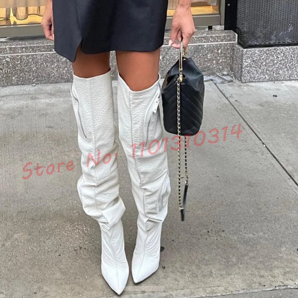 Zipped Pocket White Long Boots Women Streetwear Pointy High Heels Leather Shoes Winter Trends New In Design Over Knee High Boots