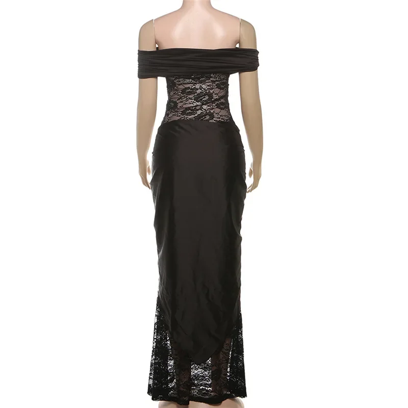 Feminino elegante rendas cetim retalhos ver através de renda bodycon maxi vestido de festa sexy ruched fora do ombro aniversário longo robe