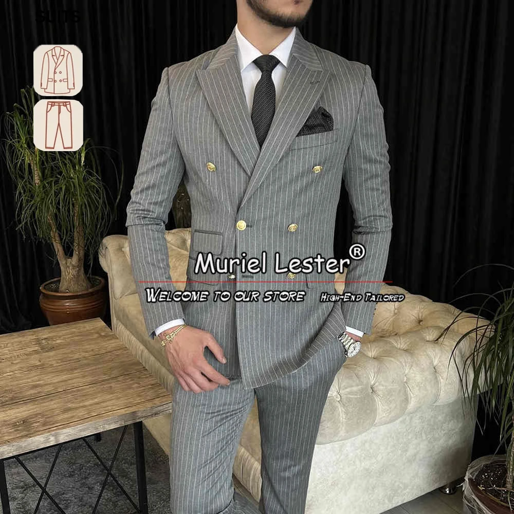 

Grey Stripes Men's Suits Formal Business Office Wear Double Breasted Coat Pants Latest Design Groomsman Wedding Tuxedo Tailored