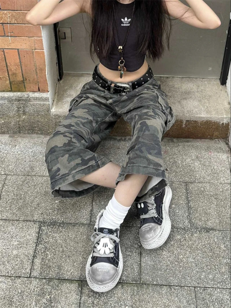 Women\'s Camouflage Cargo Jeans Harajuku Y2k Baggy Denim Trousers 90s Aesthetic Jean Pants Vintage 2000s Emo Trashy Clothes 2024