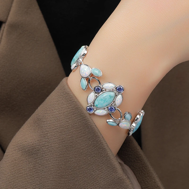 XYOP Fashion Jewelry Charm 925 Sterling Silver Larimar Woman Bangle TRENDY Flower Bracelet Gift