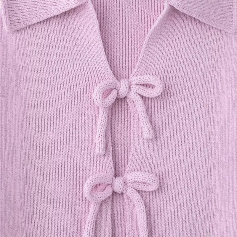 Cute Knitted Tops Bow-lace-up Lapel Tops Fashion Turn Down Collar Hollow Cardigan Knitwear New Summer Holidays Sweet Casual Tops