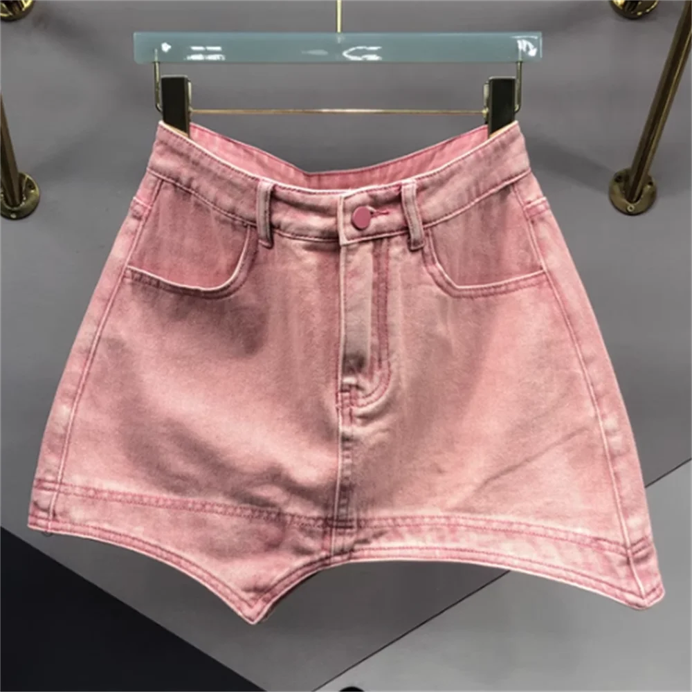 

Irregular pink denim skirt women high waist slim short skirt buttocks