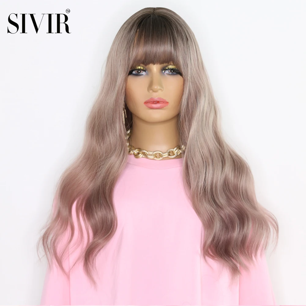 Sivir Long Pink Ombre Synthetic Wigs Natural Hair Bangs Layered Wavy Heat Resistant Hair Lolita Cosplay Anime Daily Wig 24inch