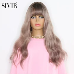 Sivir Long Pink Ombre Synthetic Wigs Natural Hair Bangs Layered Wavy Heat Resistant Hair Lolita Cosplay Anime Daily Wig 24inch