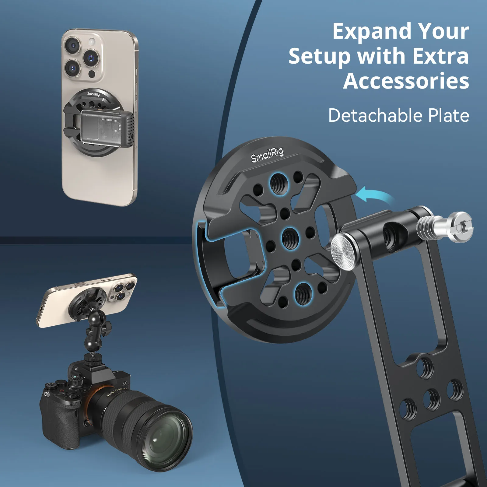 Magnetyczny metalowy uchwyt na telefon SmallRig z mocowaniem typu cold shoe, regulowany, obrotowy adapter do statywu do telefonu, kompatybilny z iPhone i kamerami, model 5156 — zdjęcie produktu 2