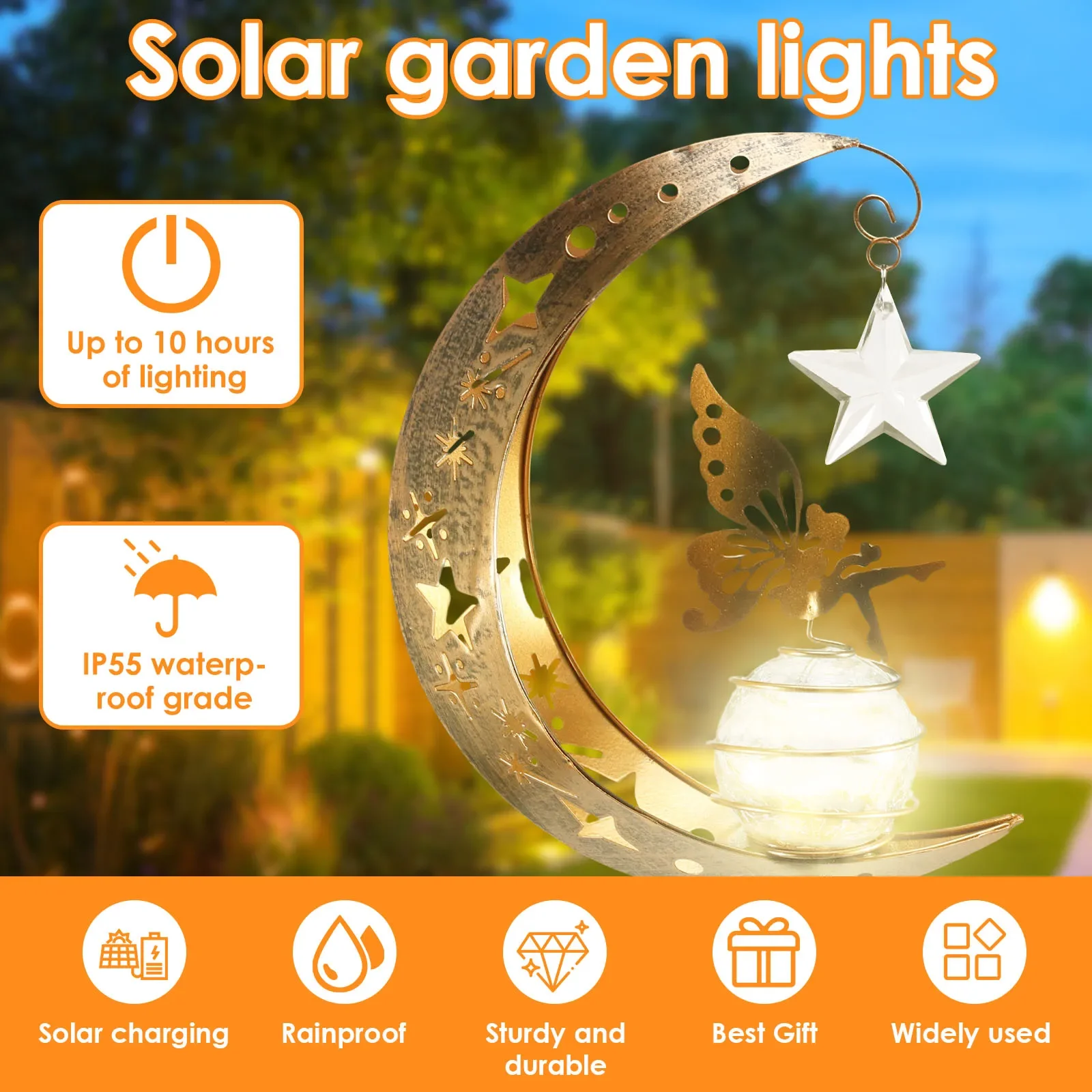 

Solar Garden Statues Outdoor Decor Moon Fairy Crackle Glass Lights Stake Decorative Lights Pathway Lights For Patio, Lawn Yard