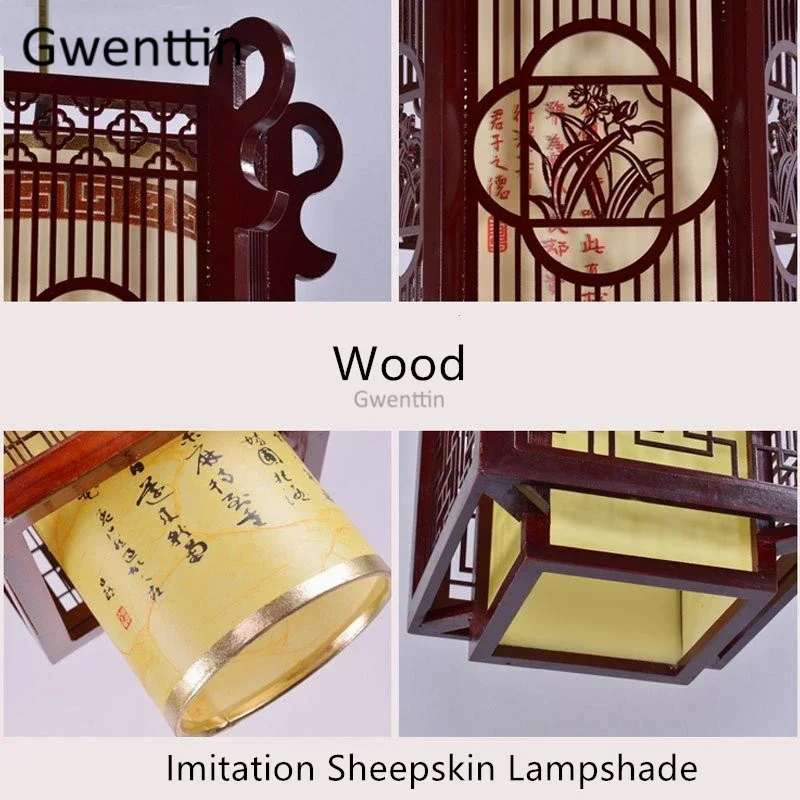 Luces colgantes de madera Vintage de estilo chino, farol de piel de oveja, lámpara colgante, luminaria para comedor, accesorios de iluminación, decoración del hogar