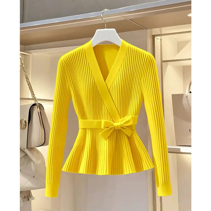 القوس محبوك سترة البلوز المرأة 2025 الخريف الشتاء مزاجه جديد الخامس الرقبة طويلة الأكمام تريكو معطف البلوز الإناث القمم W748 #4