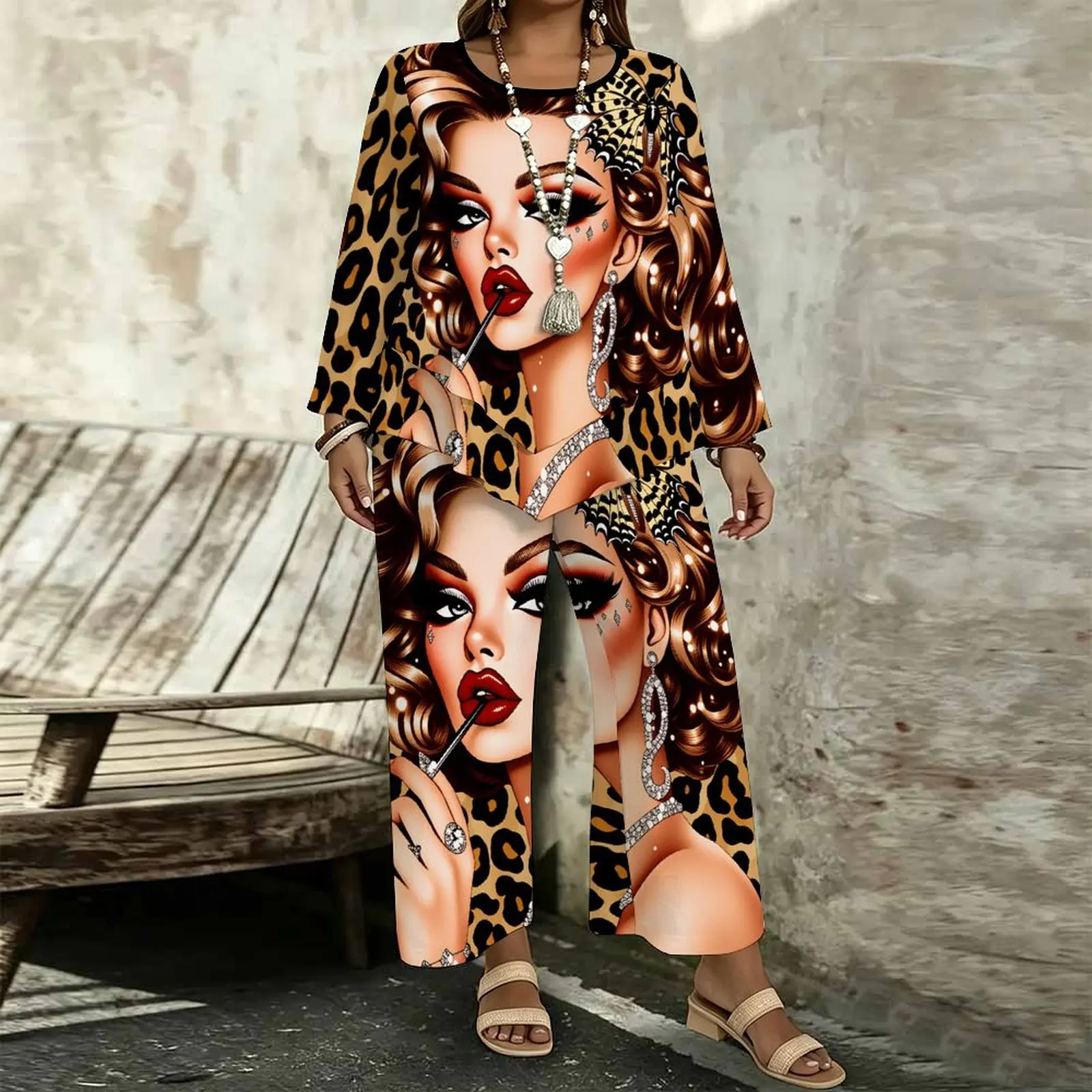 Plus Size Vintage Print Two Piece Set Ladies Casual Long Sleeves Elegance Tops Everyday Street Loose Pants