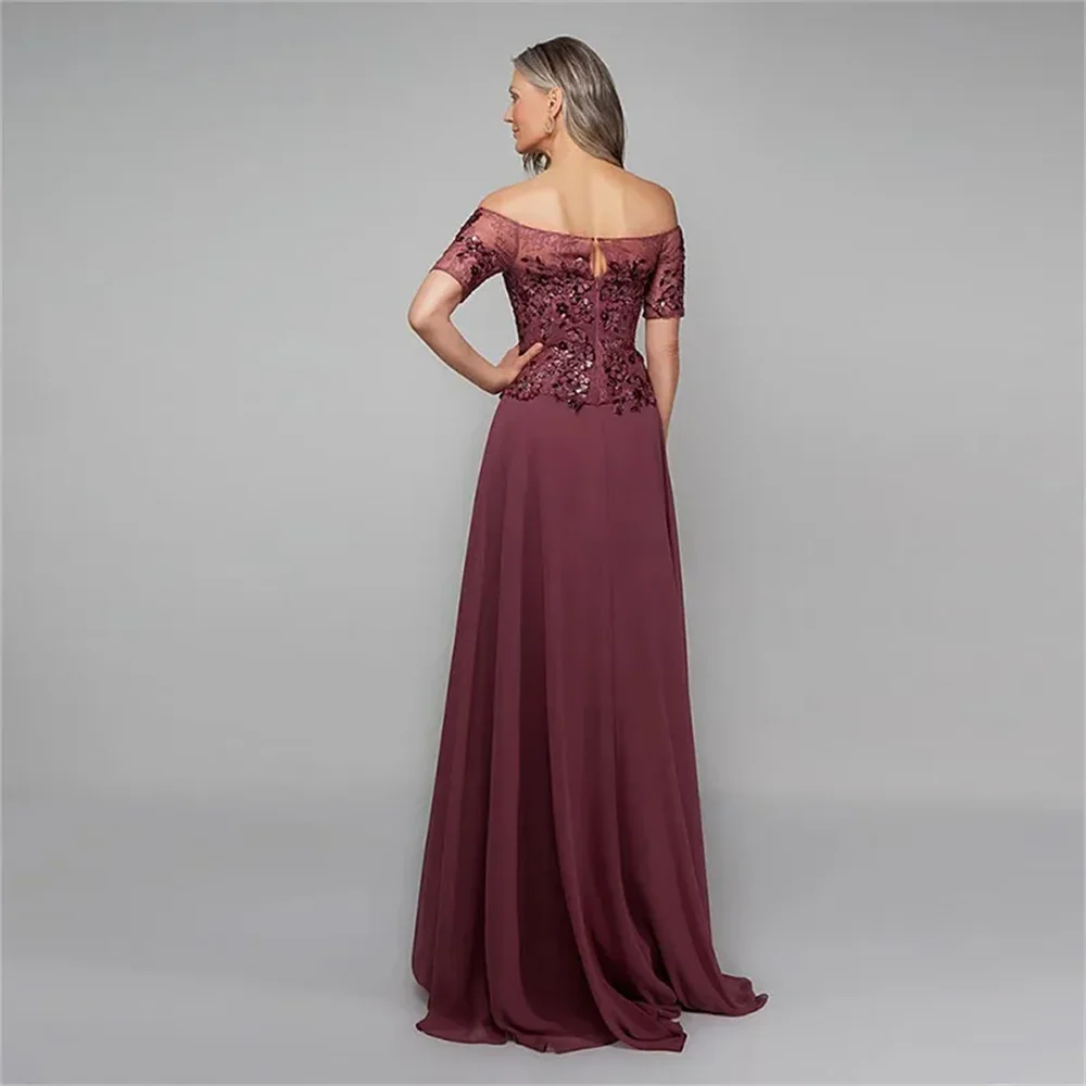 2024 New Boat Neck Short Sleeve Appliques Chiffon wedding party dress Elegant A-Line Burgundy Mother of the Bride Dresses