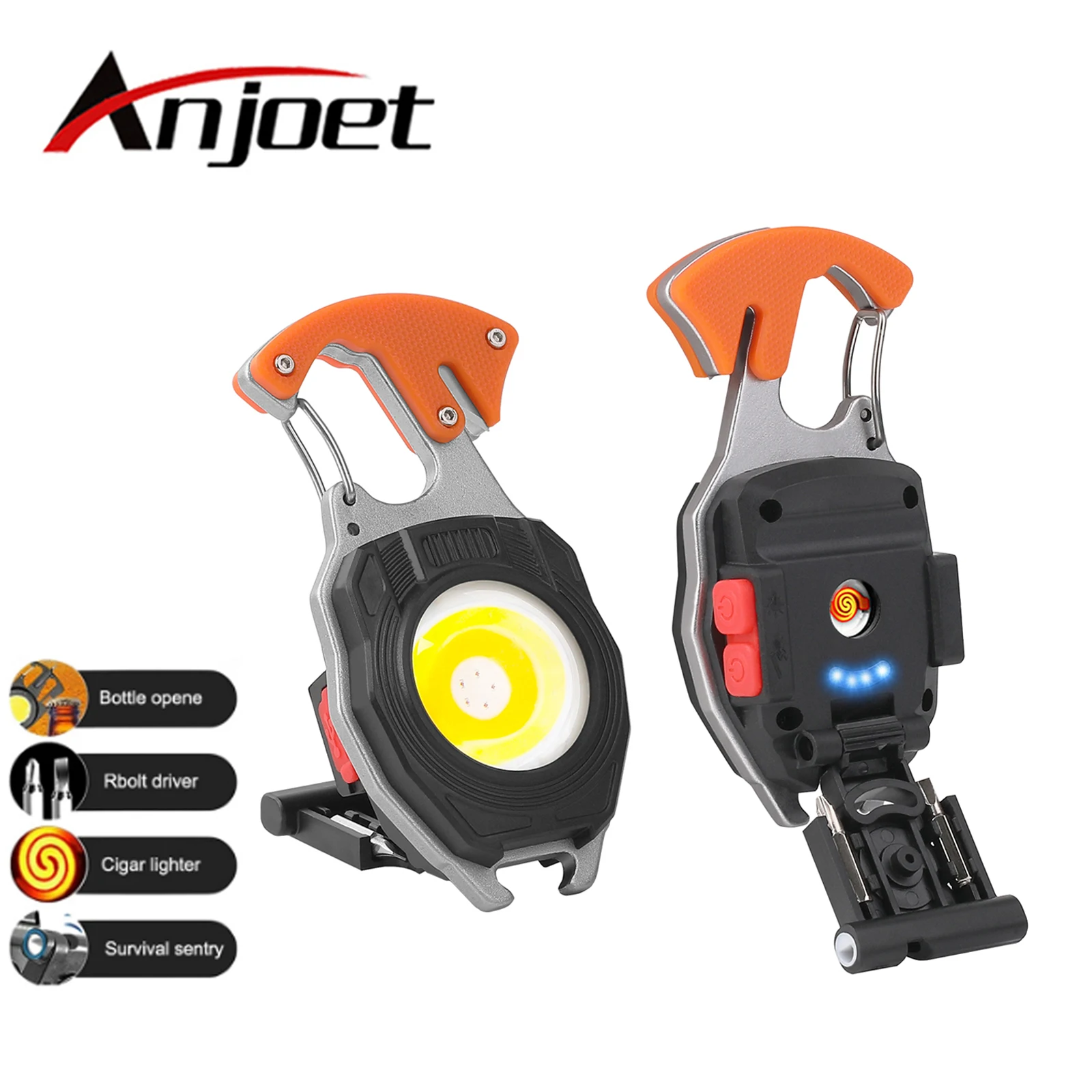 Anjoet Mini Rechargeable Flashlight Pocket Keychain Torch Cigarette Lighter COB Light Screwdriver Wrench Tactical Emergency Lamp