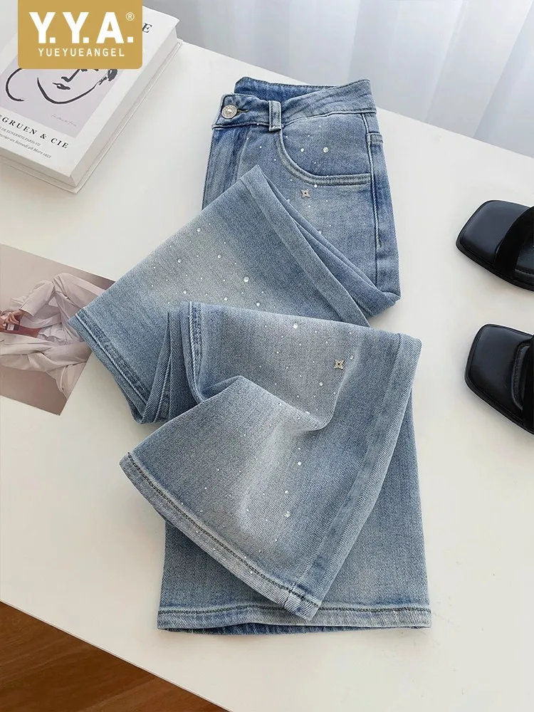 High Waist Vintage Women Wide Leg Denim Pants Rhinestone New Autumn Ladies High Street Loose Fit Office Casual Straight Jeans