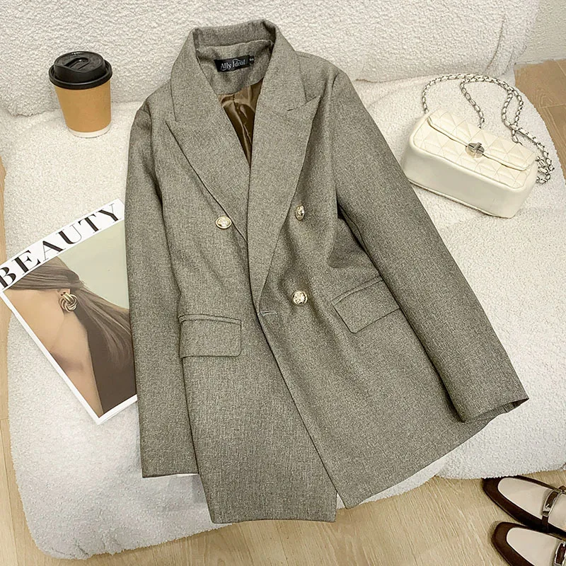 Senior Sense Small Suit Jacket Female Vintage Double-Breasted Loose Blazer Outerweat Woman Versatile Casual Loose Lapel Blazers