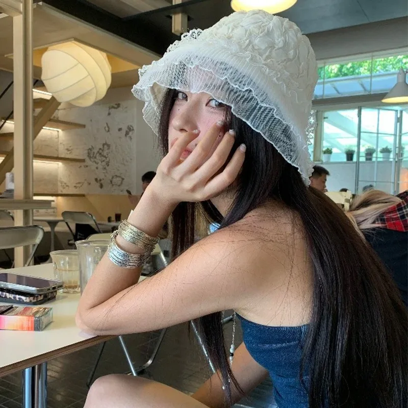 

Korean Simple and Sweet Mesh Bucket Hat Summer Niche Pleated Seersucker Breathable Vacation Foldable Wide Brim Sun Cap for Women