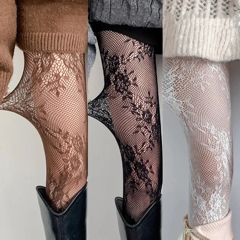 Harajuku Schwarz Weiß Braun Ausgehöhlte Spitzen-Netzstrumpfhose mit Blumenmuster am Boden Sexy Damenstrümpfe Modische Strumpfwaren