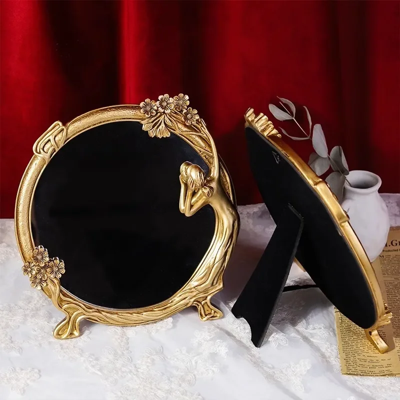 European Vintage Resin Vanity Mirror Wall Mounted Tabletop Dual Use Decorative Mirror Nordic Style Bowknot Frame Home Decor Gift