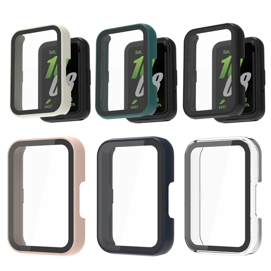 Capa de relógio para pc integrada + protetor de tela de vidro temperado para samsung galaxy fit 3 sm-r390, cobertura completa, à prova de choque, anti