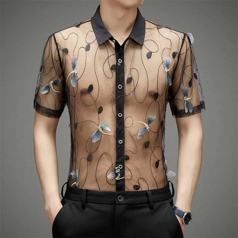 Transparent Embroidery Dragonfly Shirts For Men Short Sleeve Icy Summer High Quality Hollow Breathable Fashion Camisas De Hombre