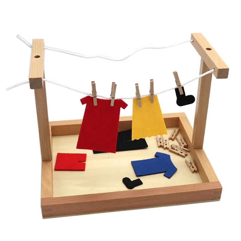 Early Education Life Teaching Wooden DIY Mini Simulation Clothes Drying Frame Clothes Suit Training Toy